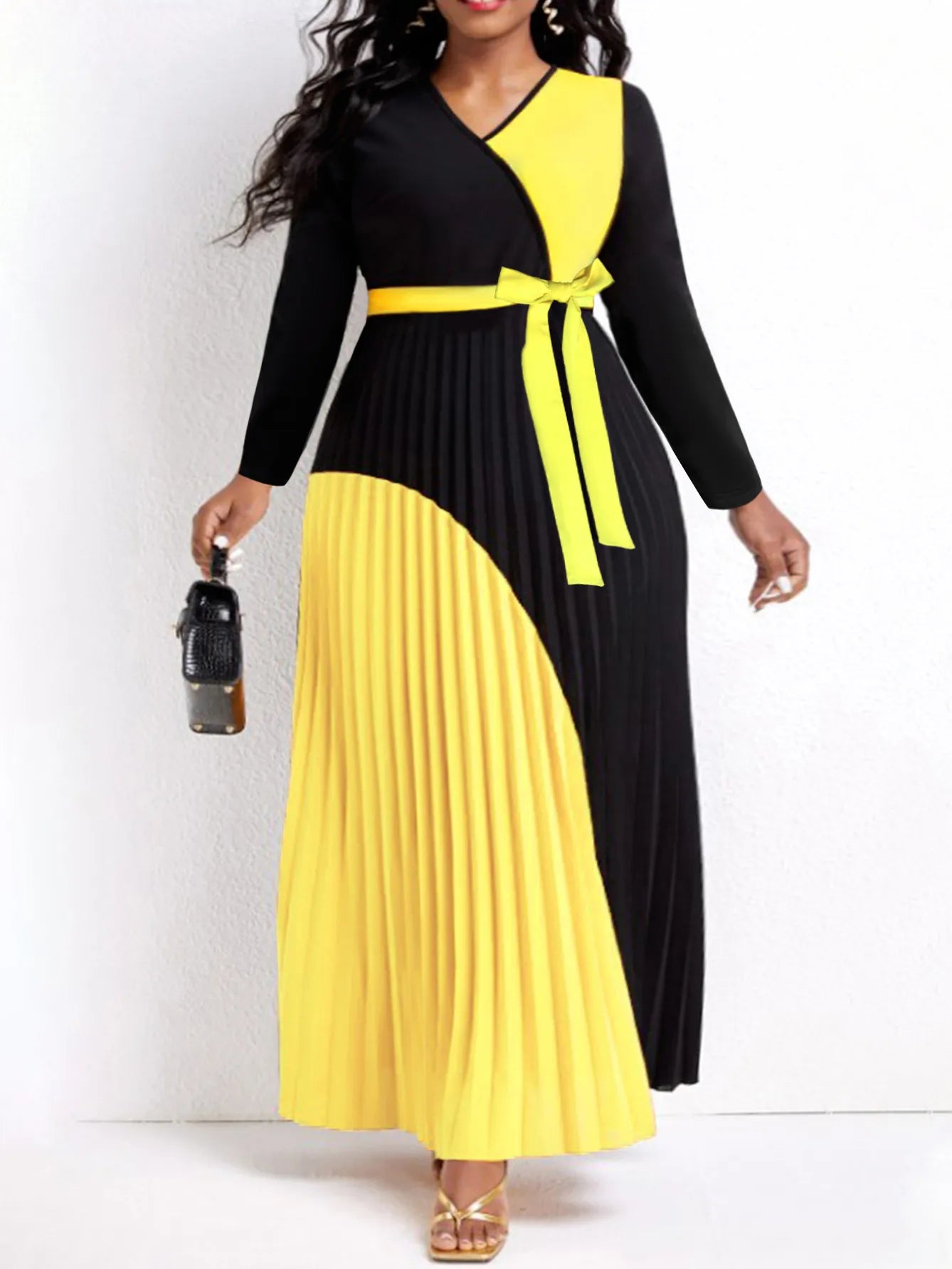 Colorblock Pleated Bandage Tiered Belted Long Sleeve V-Neck Sash Belt Maxi Dress to 5X Plus Size