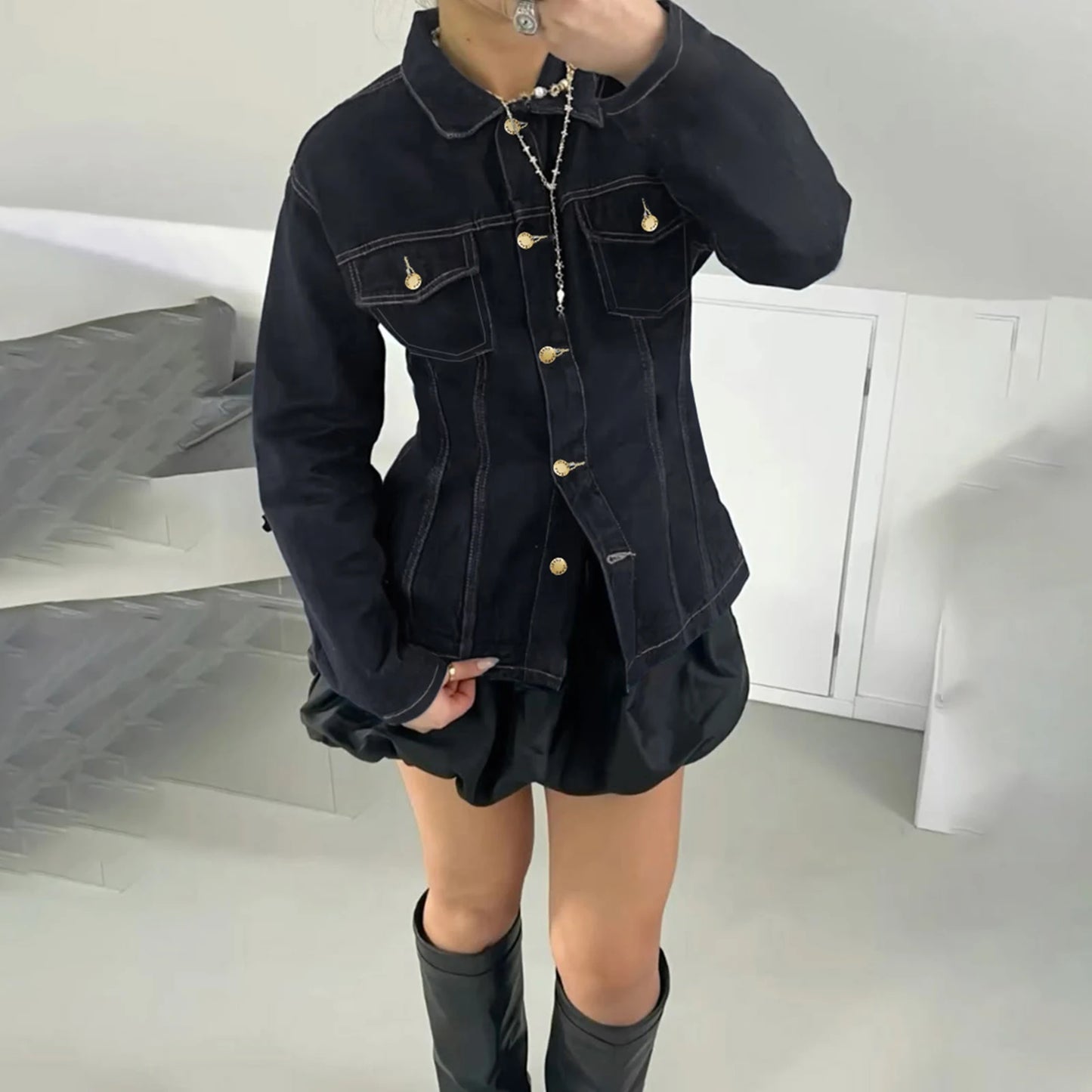 Denim Dark Blue Gold Button Detail Long Sleeve Turn-Down Collar Solid Color Women's Jean Jacket