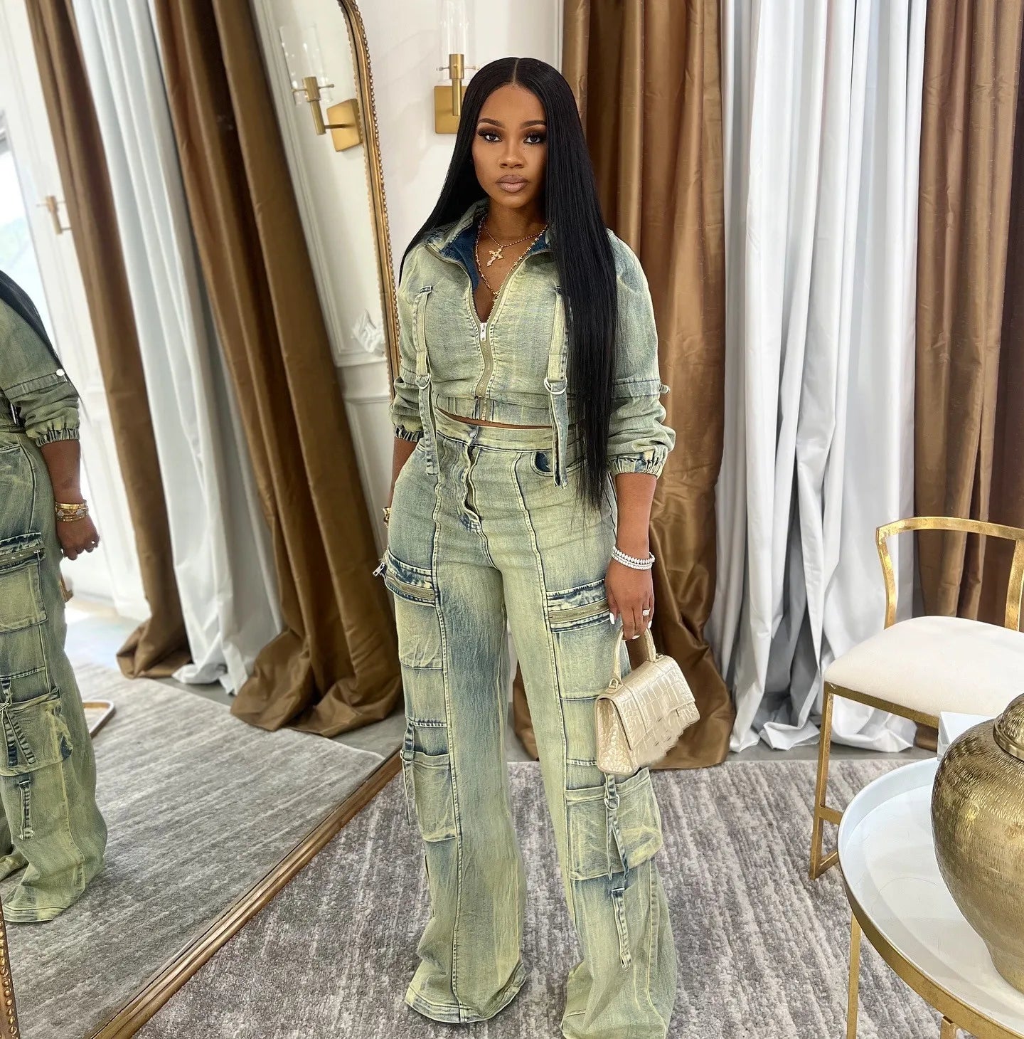 Stretch Faded Denim Women's Long Sleeve Zipper Jean Jacket + Cargo Multi-Pocket Straight Denim Jeans 2-Piece Set