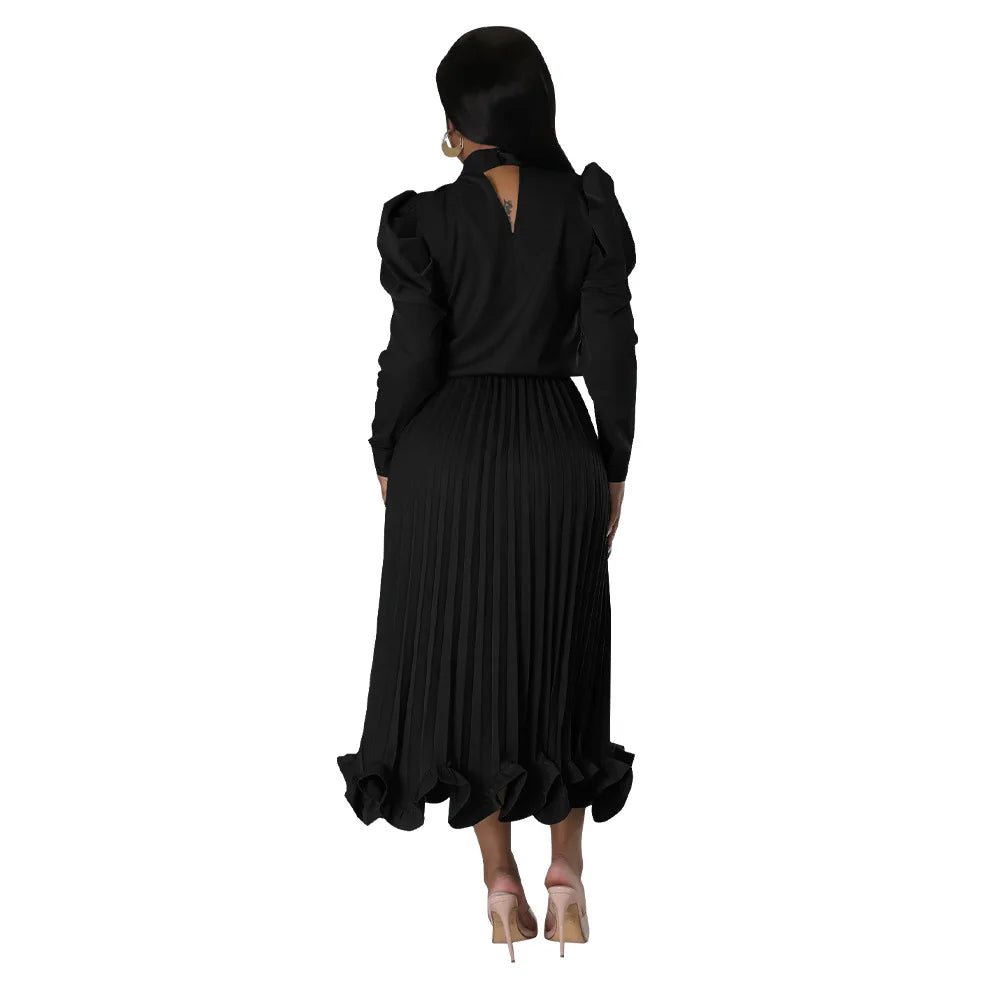 Women’s Solid Color O-Neck Lantern Sleeve Blouse + A-Line Flounce Formal Pleated Maxi Skirt w/ Sash Belt 2-Piece Set