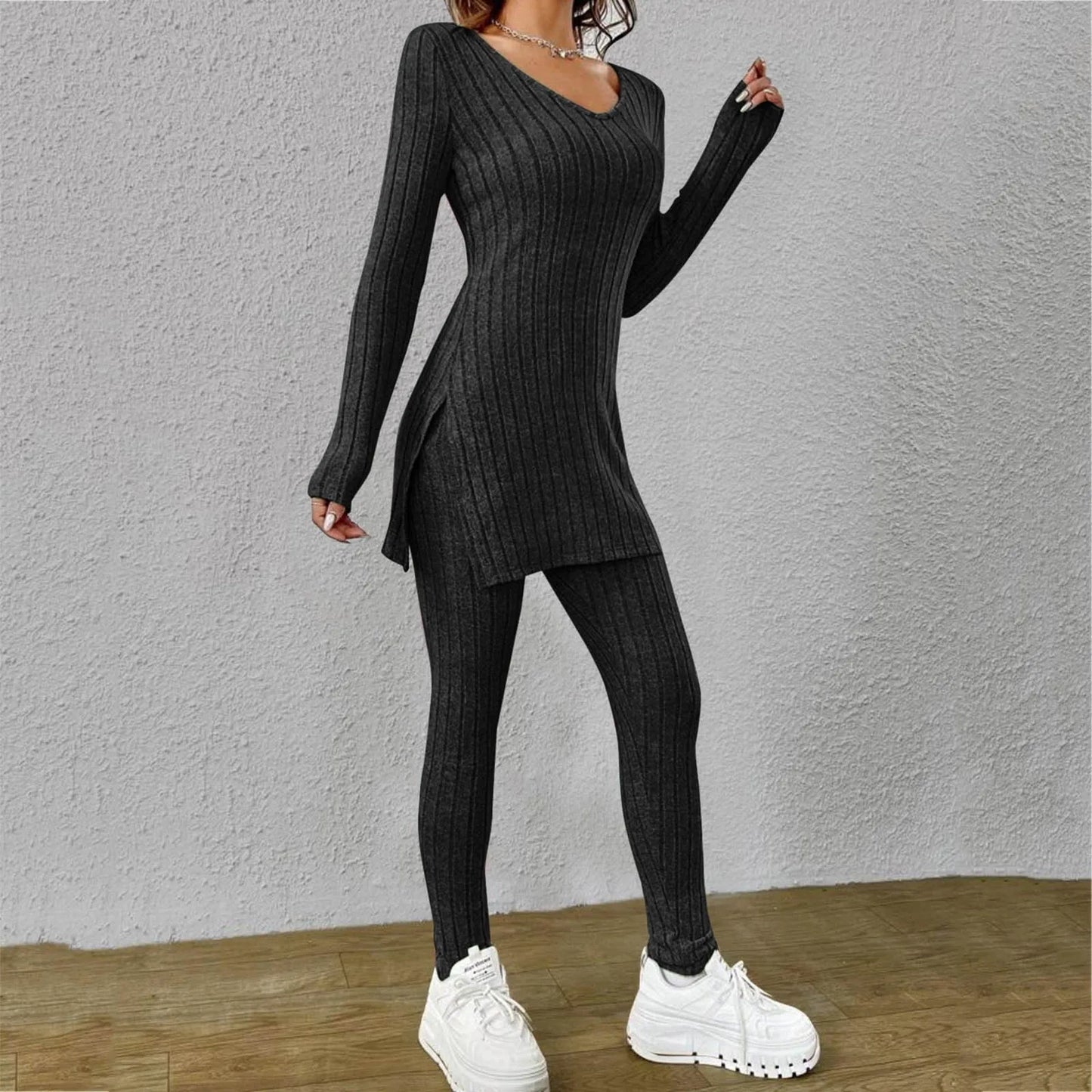 Ribbed Knitted Long Sleeve Women's Tunic Shirt + Leggings 2-Piece Set