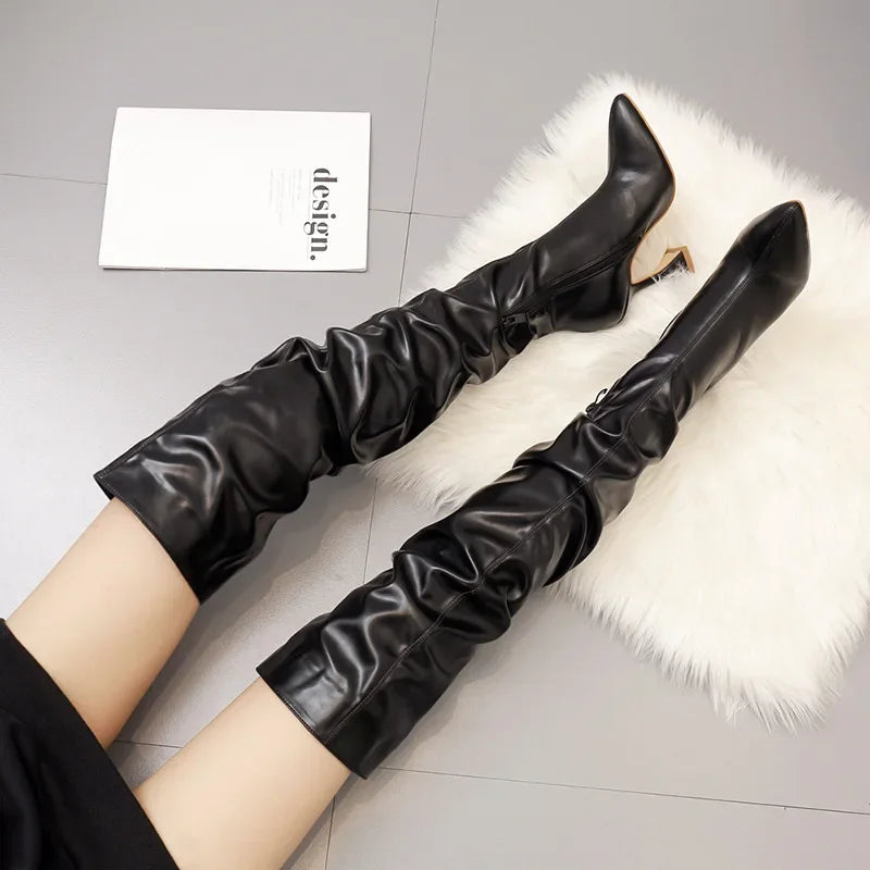 Pointed Toe Thigh High Over-the-Knee Solid Color Spiked High Heel Boots