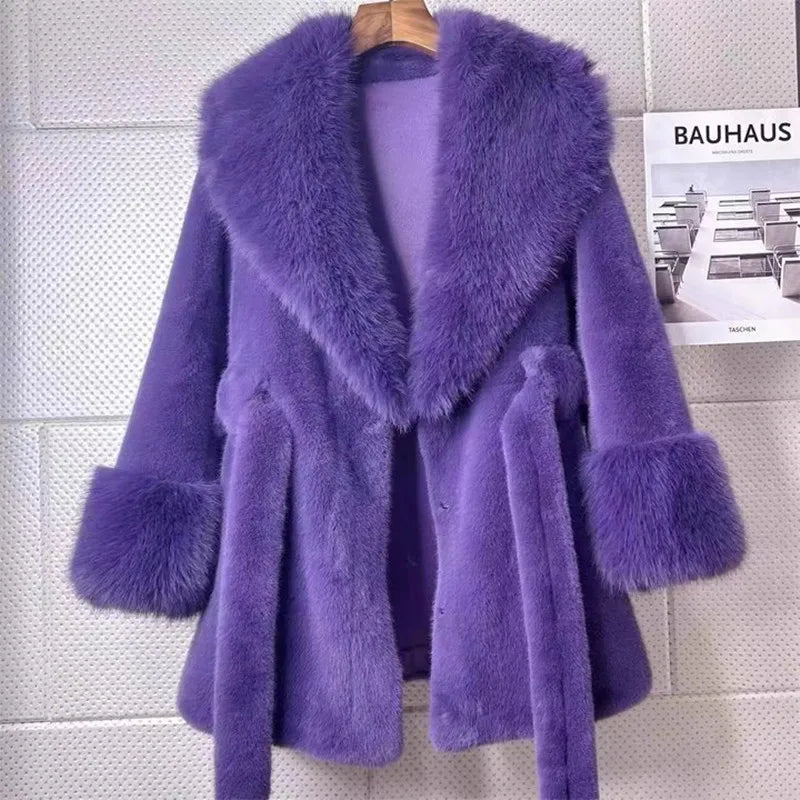 Vintage Solid Color Women's Luxury Faux Fur Oversized Collar Long Sleeve Coat w/ Sash Belt