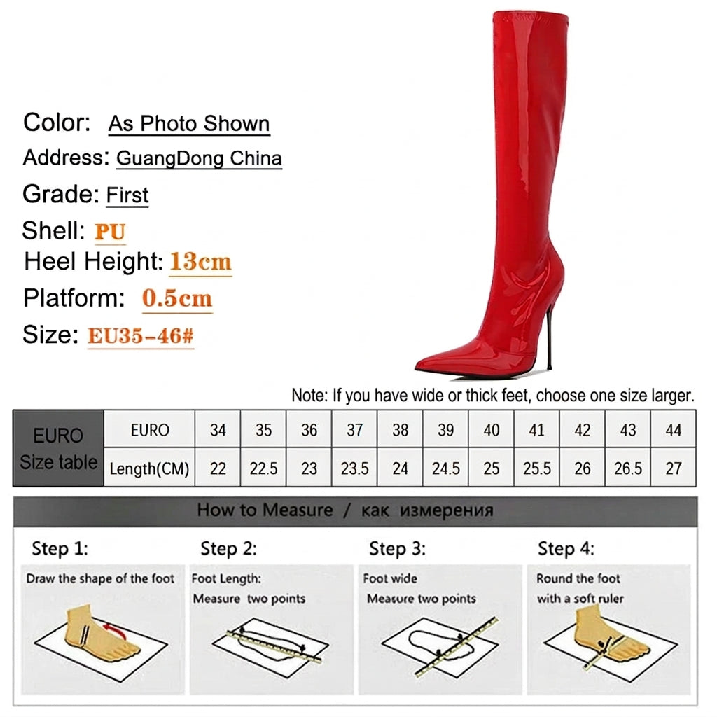 Patent Leather Solid Color Knee-High Pointed Toe Women's Ultra Thin Stiletto Metal Heel Wide Calf Boots