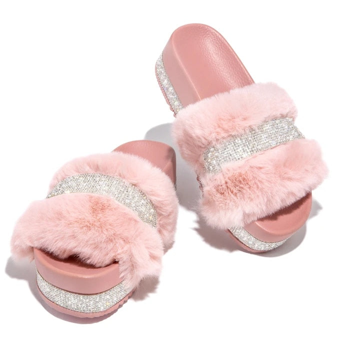 Furry Rhinestone Platform Slipper Slides