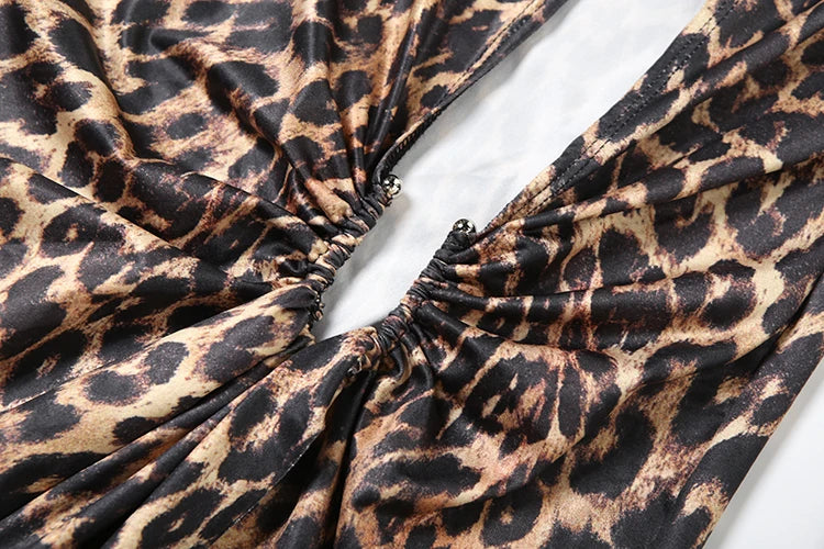 Leopard Print Deep V-Neck Ruched Maxi Ribbon Design Hollow-Out Long Sleeve Bodycon High Slit Maxi Club Dress