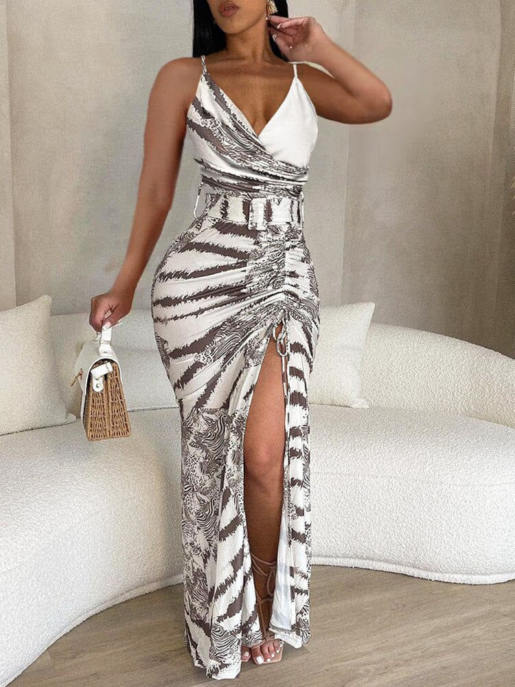 Halter Spaghetti Strap V-Neck Buckled Belt Slit Maxi Dress