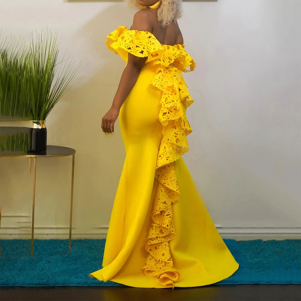 Off-the-Shoulder Ruffled Yellow/Red Mermaid Trumpet Floor-Length Formal Evening Party Dress