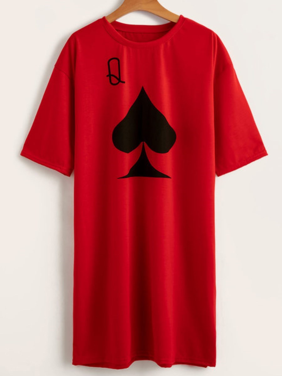 Queen Playing Card O-Neck Print T-Shirt Mini Dress