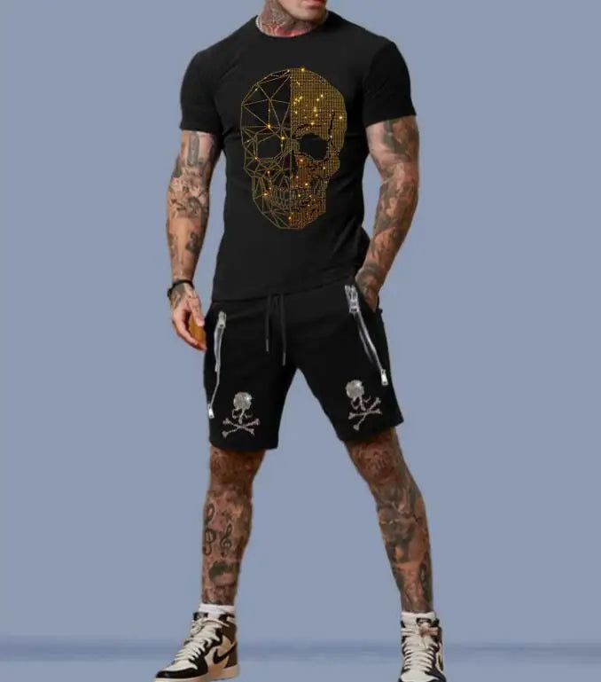 Men's Glitter Metallic Glitter Rhinestone Tiger/King/Lion/Skull/Eagle Graphic Print + Zipper Design Shorts 2-Piece Set