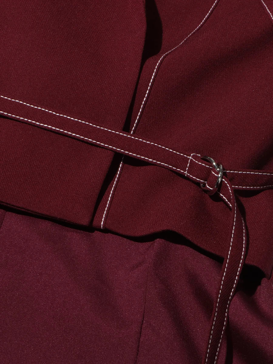 Burgundy Irregular Notched Collar Double Strap Design Blazer Jacket + High Waist Straight Pants Women's Formal Suit