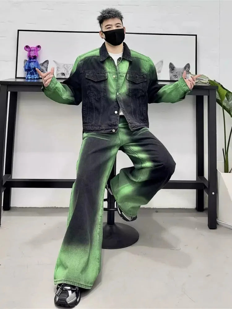 Men's Denim Green/Black Colorblock Loose Cowboy Jean Jacket + Wide Leg Jeans 2-Piece Set