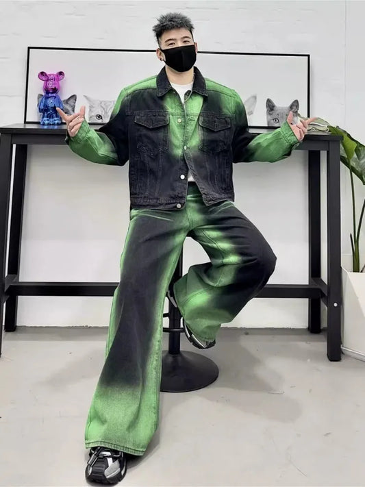 Men's Denim Green/Black Colorblock Loose Cowboy Jean Jacket + Wide Leg Jeans 2-Piece Set