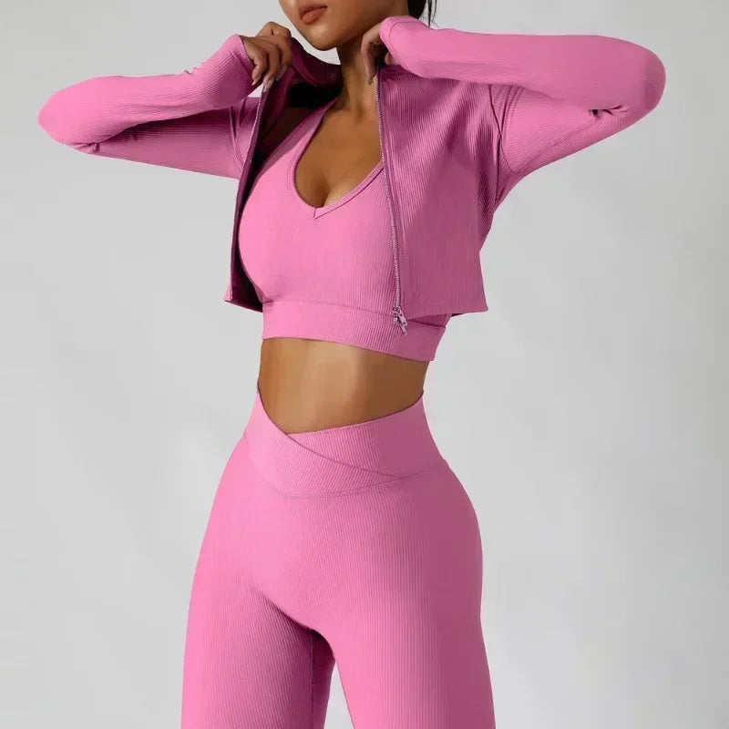 Gym Workout Women's 3-Piece Activewear Set: Cropped Long Sleeve Zipper Jacket, Sports Bra + Push Up Leggings