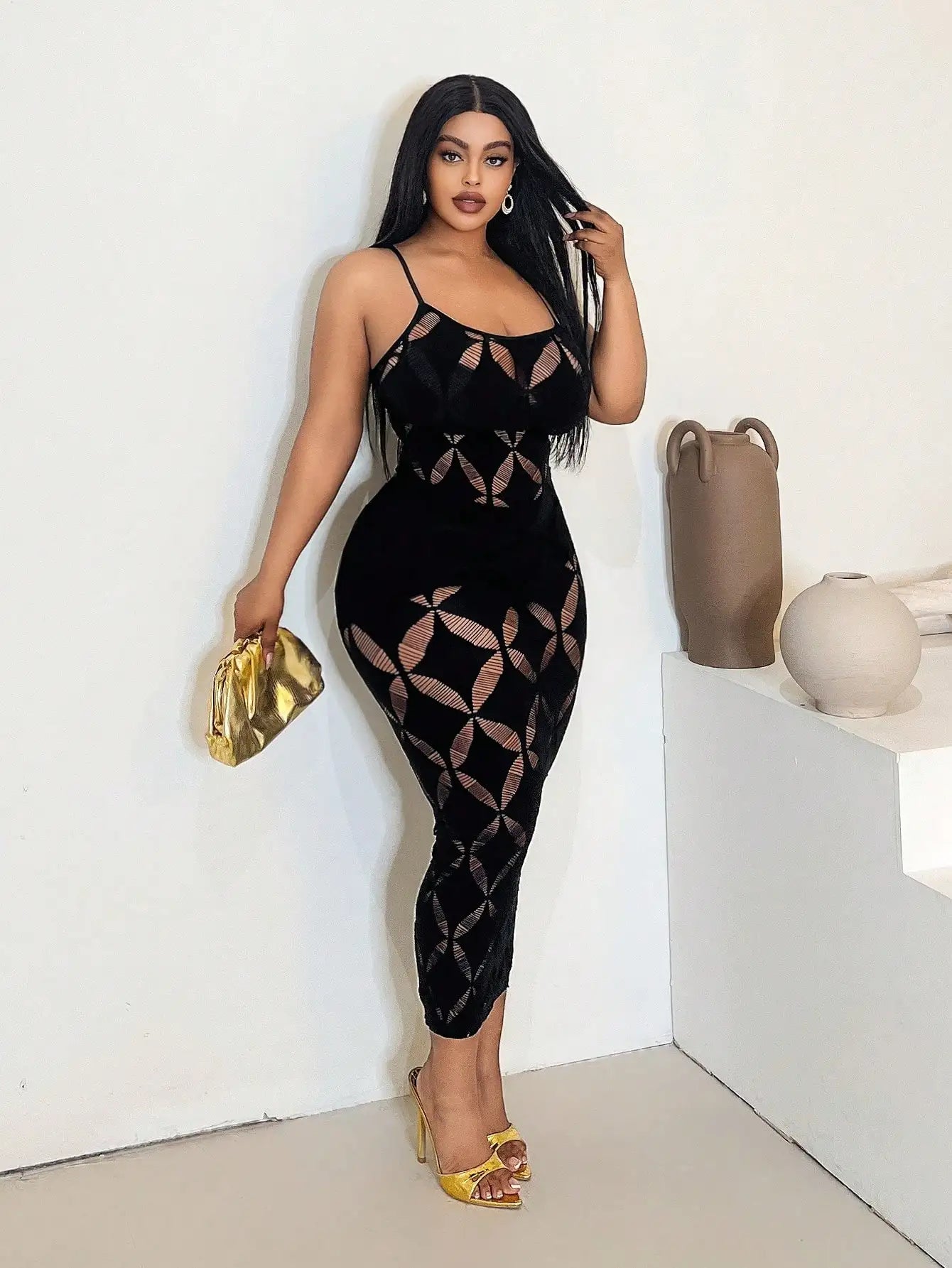 Mesh Sleeveless Black Geometric Hollow-Out Pattern Spaghetti Strap Maxi Plus Size Dress