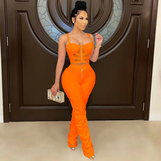 Corset Top Hollow-Out Zipper Front Cropped Tank Top + Stacked Zipper Front Pants Women's 2-Piece Set