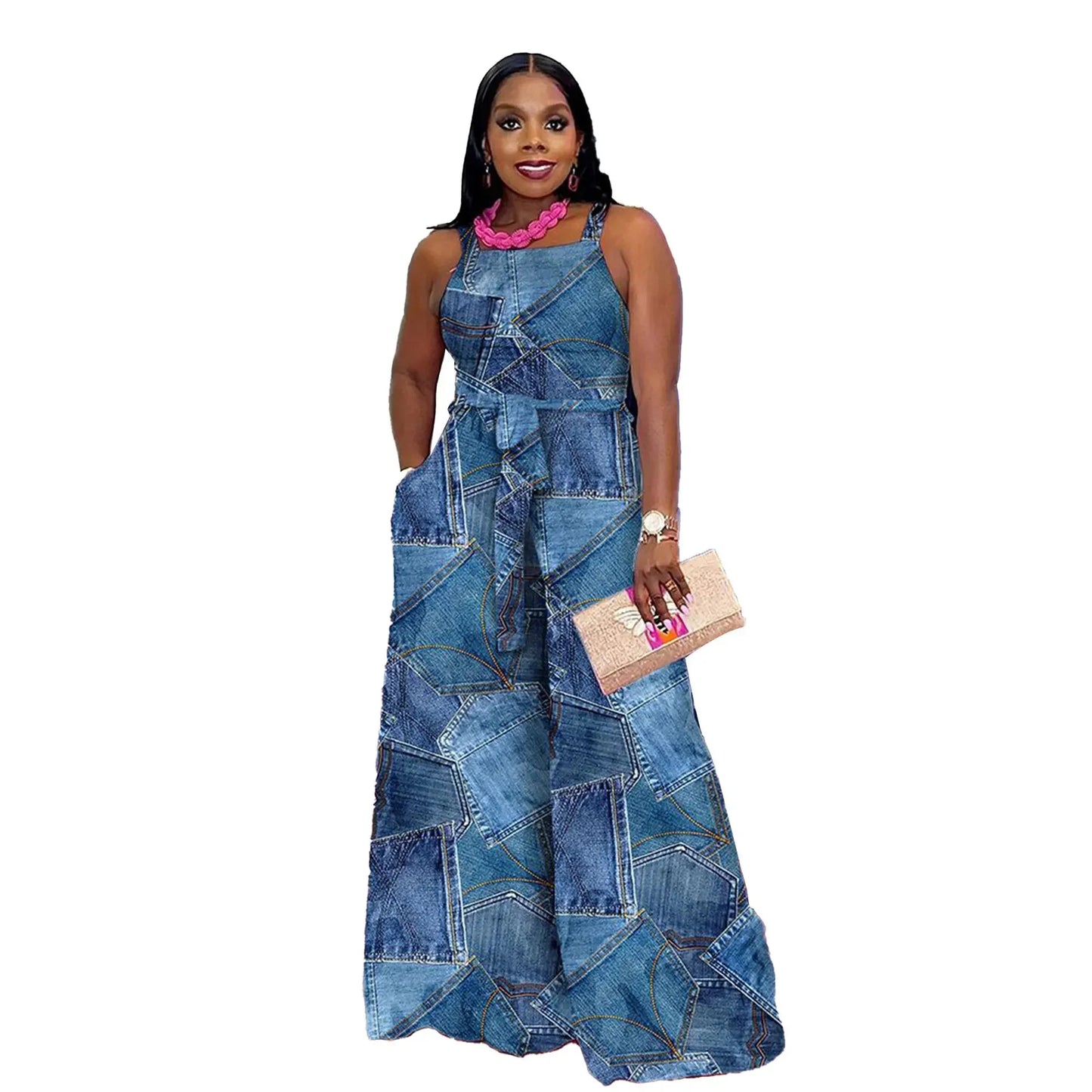 Sleeveless Faux Denim Colorblock/Tropical Flower Print Square Halter Strap Neck Wide Leg Bellbottom Overall Jumpsuit