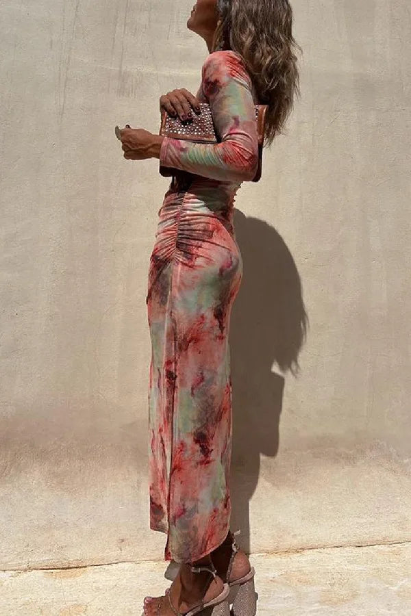 Mesh Floral Transparent Printed Long Sleeved Dress