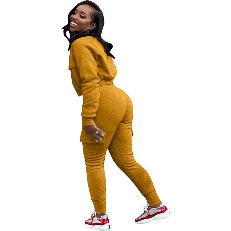 Streetwear Women's Solid Cropped Zipper Jacket + Drawstring Cargo Sweatpants Tracksuit