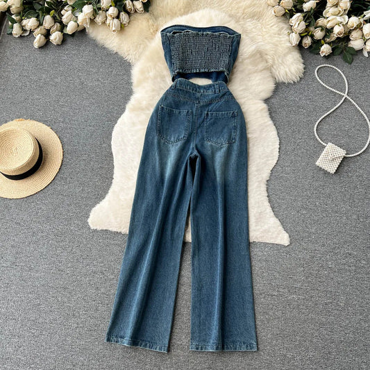 Denim Strapless Crop Tube Corset Top + Ripped Hole Wide Leg Jeans Ladies 2-Piece Sets