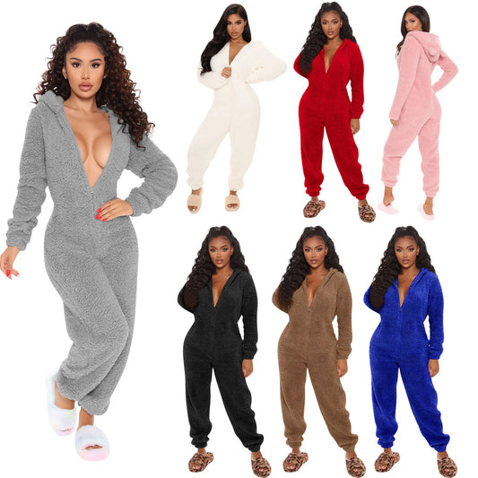 Solid Long-Sleeve Zipper Sleepwear Hooded Ladies Onesie