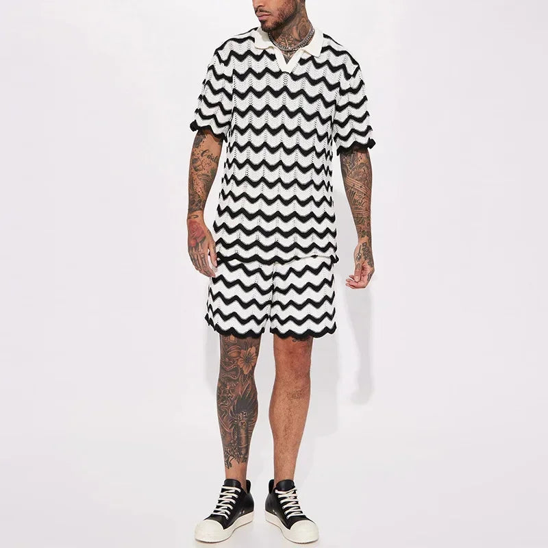 Men's Striped Waffle Knit Print Polo Shirt & Shorts 2-Piece Set