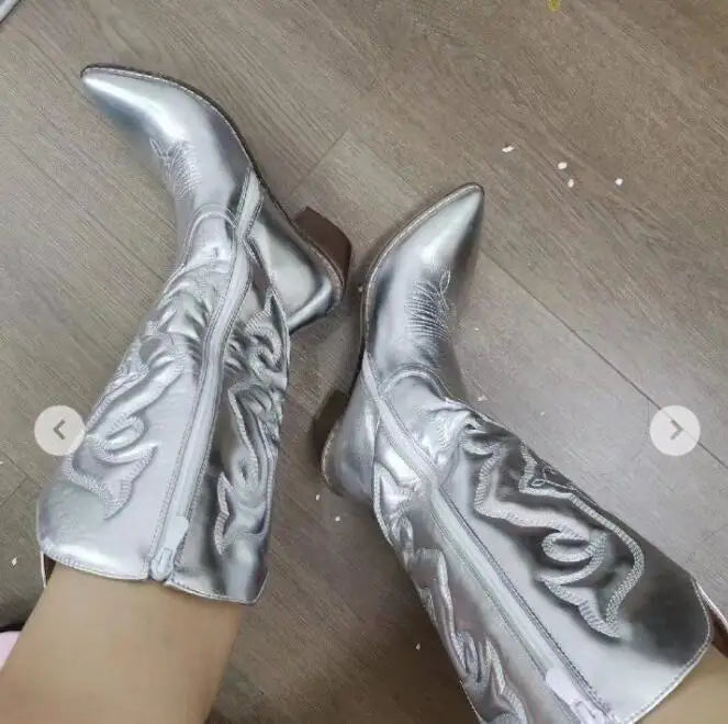 Western Embroidered Pointed Toe Side Zipper Stacked Heel Cowgirl Boots