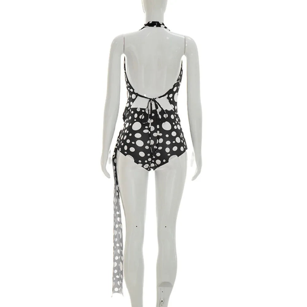 FLARORA Sexy Polka Dot Print 2 Piece Sets Woman Trend Halter V Neck Backless Ruched Tops And Ribbon Shorts Hottie Street Suits
