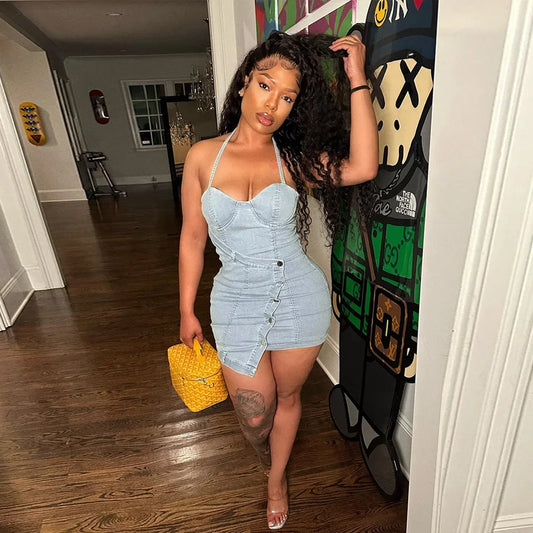 Light Blue Faded Washed Denim Sleeveless Halter Bodycon Mini Jean Dress