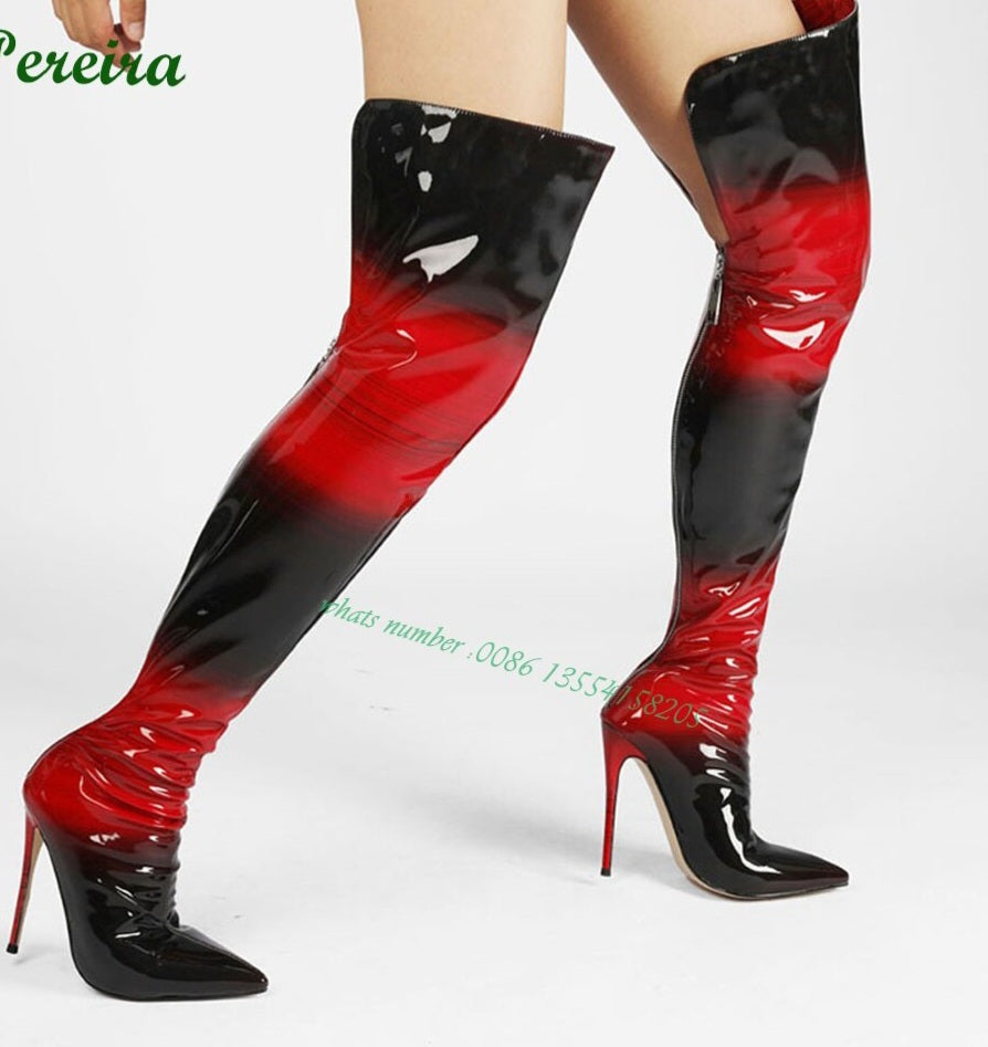 Black/Red Gradient Over The Knee Boots Glossy Pointed Toe Stiletto Heels Back Zipper Women's Boots