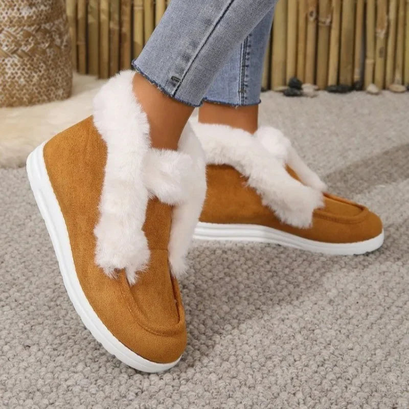 Canvas Plush Cotton Lined Slip-On Flat Women's Ankle Snow Boots