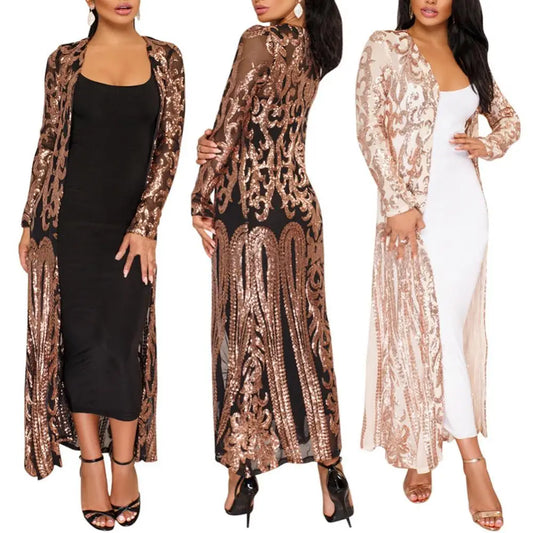 Vintage Metallic Women's Sequin Perspective Long Sleeve Maxi Cardigan