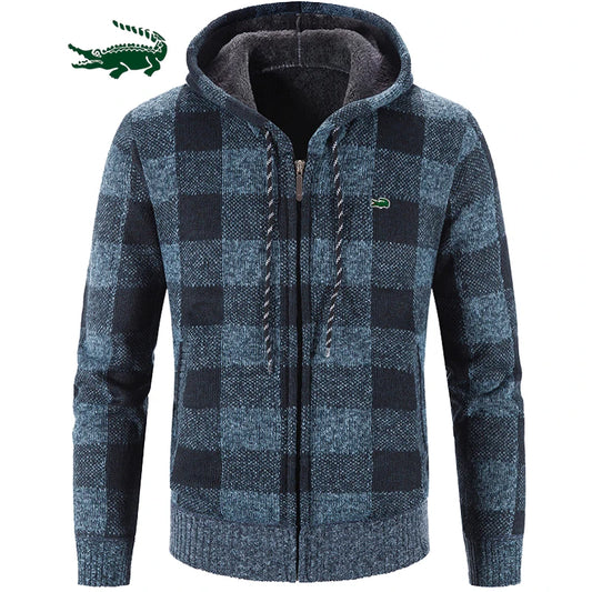 Men's Plaid Fleece Hoodie Checkered Hooded Knitted Cardigan Sweater Jacket