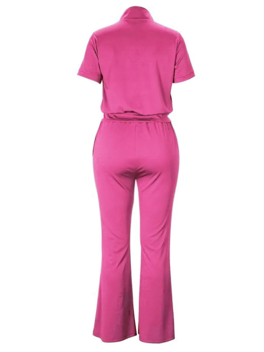 Solid Color Short Sleeve Zipper Top + Drawstring Pants Ladies 2-Piece Set