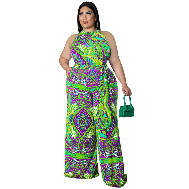 African Print Sleeveless Printed Wide Leg Jumpsuit w/ Sash Belt to 5X Plus Size