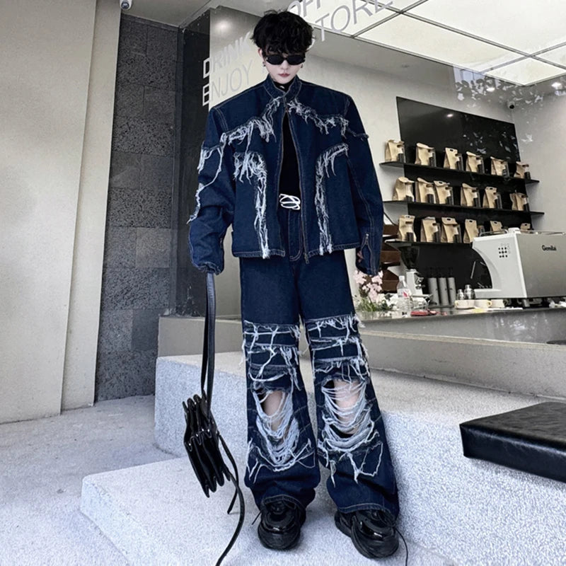 Men's Burgundy/Blue Denim Tassel Fringe Burr Design Jean Jacket + Ripped Hollow-Out Baggy Jeans 2-Piece Sets
