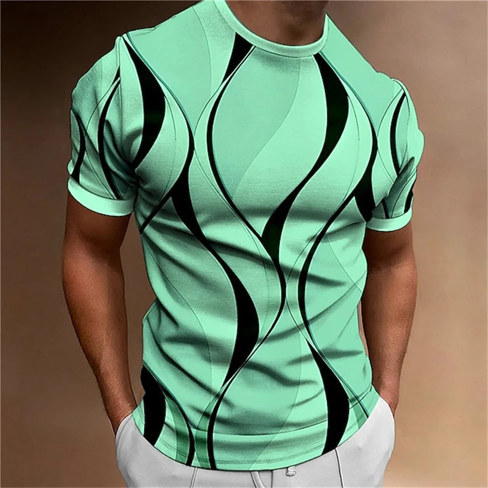 Men's Abstract Geometric 3D Striped Print O-Neck T-Shirt