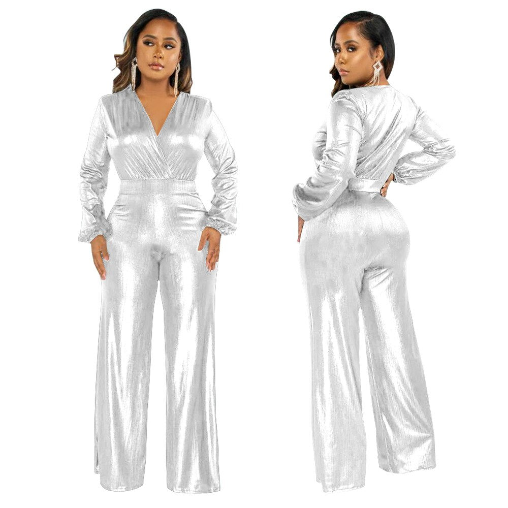 Metallic Shiny Long Sleeve V-Neck Jumpsuit