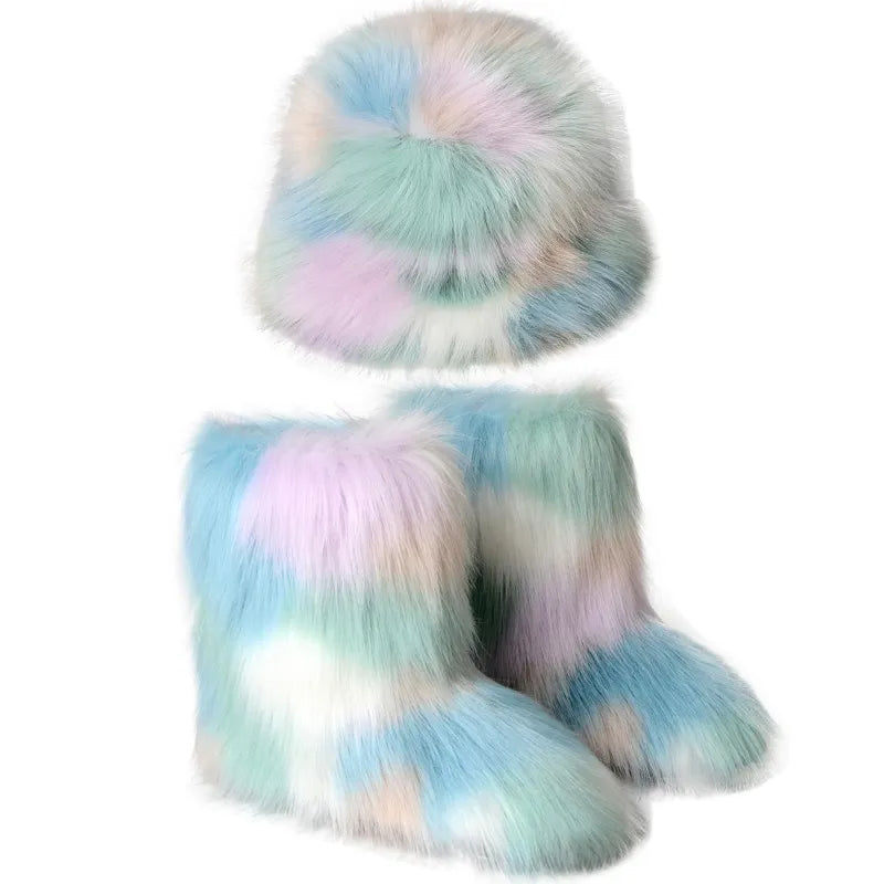 Faux Fur Tie-Dye Print Ladies Plush Slip on Ankle Snowboots + Matching Bucket Hat 2-Piece Set