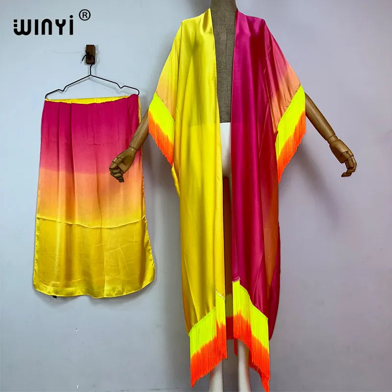 Colorblock Striped Oversized Gradual Fringe Printed Kimono Dress