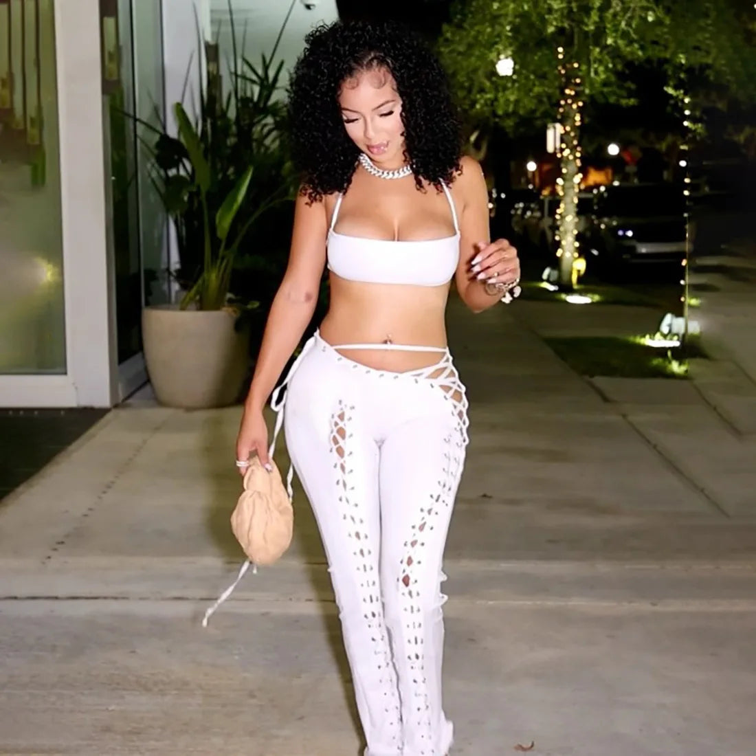 Sexy Women's Sleeveless Crop Tank Top + Criss-Cross Lace-Up Hollow-Out Bandage Leggings 2-Piece Set