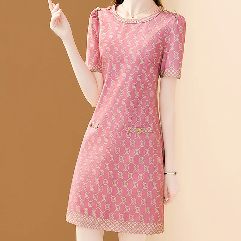 Pink Chiffon O-Neck Floral Print Office A-Line Midi Office Dress