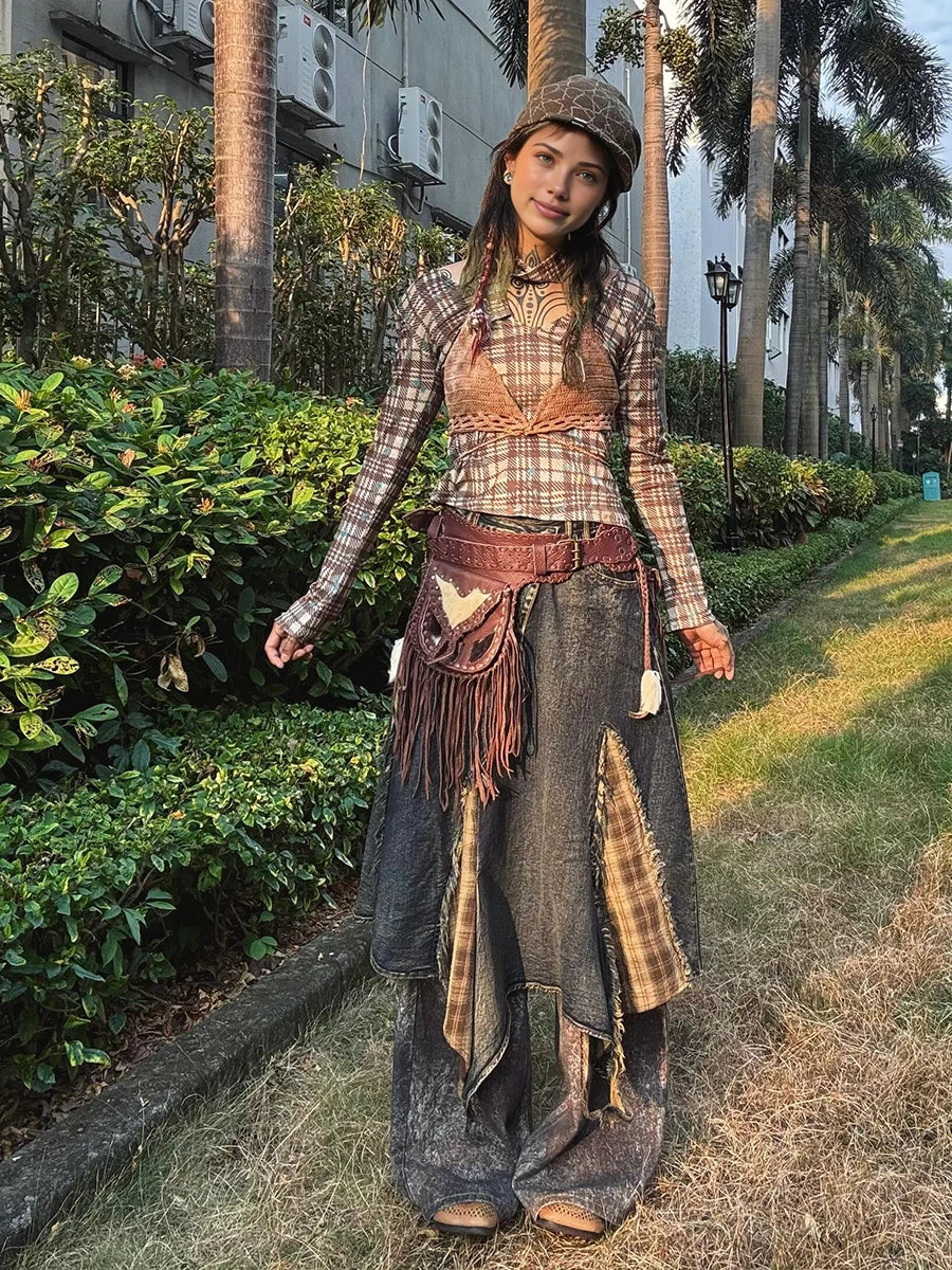 Plaid Retro Denim Blue Ombre Asymmetrical Tartan Stitch Overlay Streetwear Jean Maxi Skirt