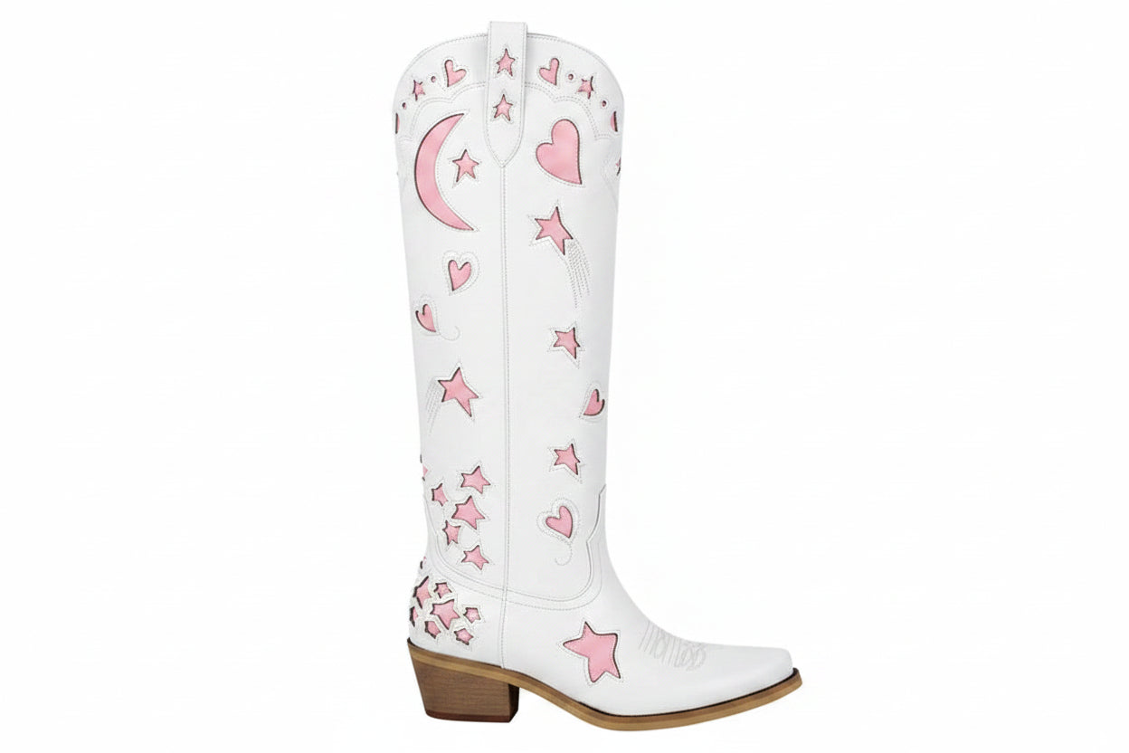 White/Pink Heart Star Moon Embroidered Design Pointed Toe Knee-High Western Side Zipper Cowgirl Rodeo Boots