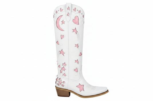 White/Pink Heart Star Moon Embroidered Design Pointed Toe Knee-High Western Side Zipper Cowgirl Rodeo Boots