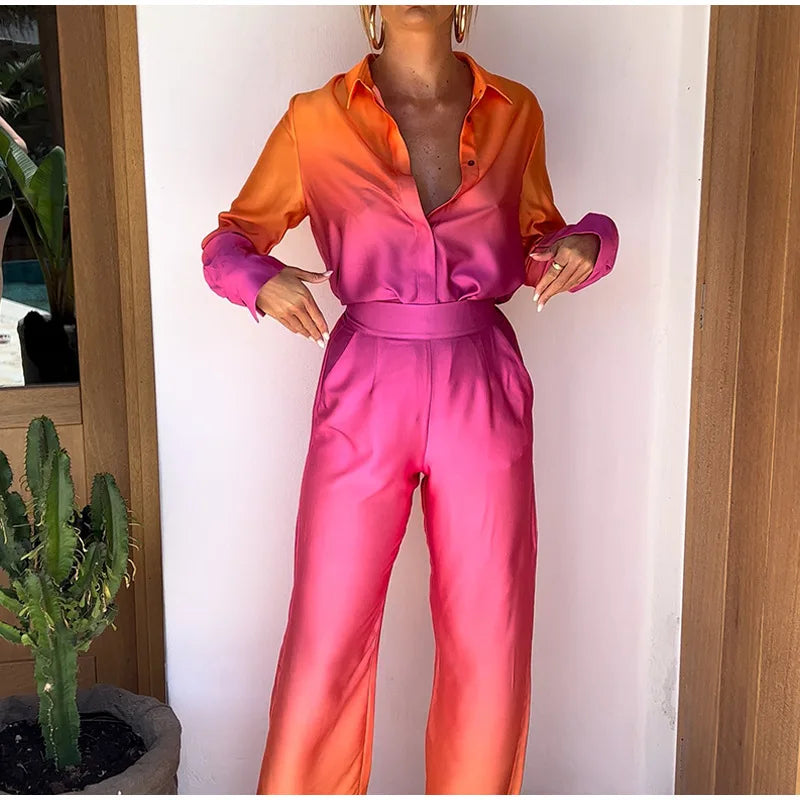 Gradient Satin Long Sleeve Blouse + Straight Leg Loose Pants 2-Piece Set