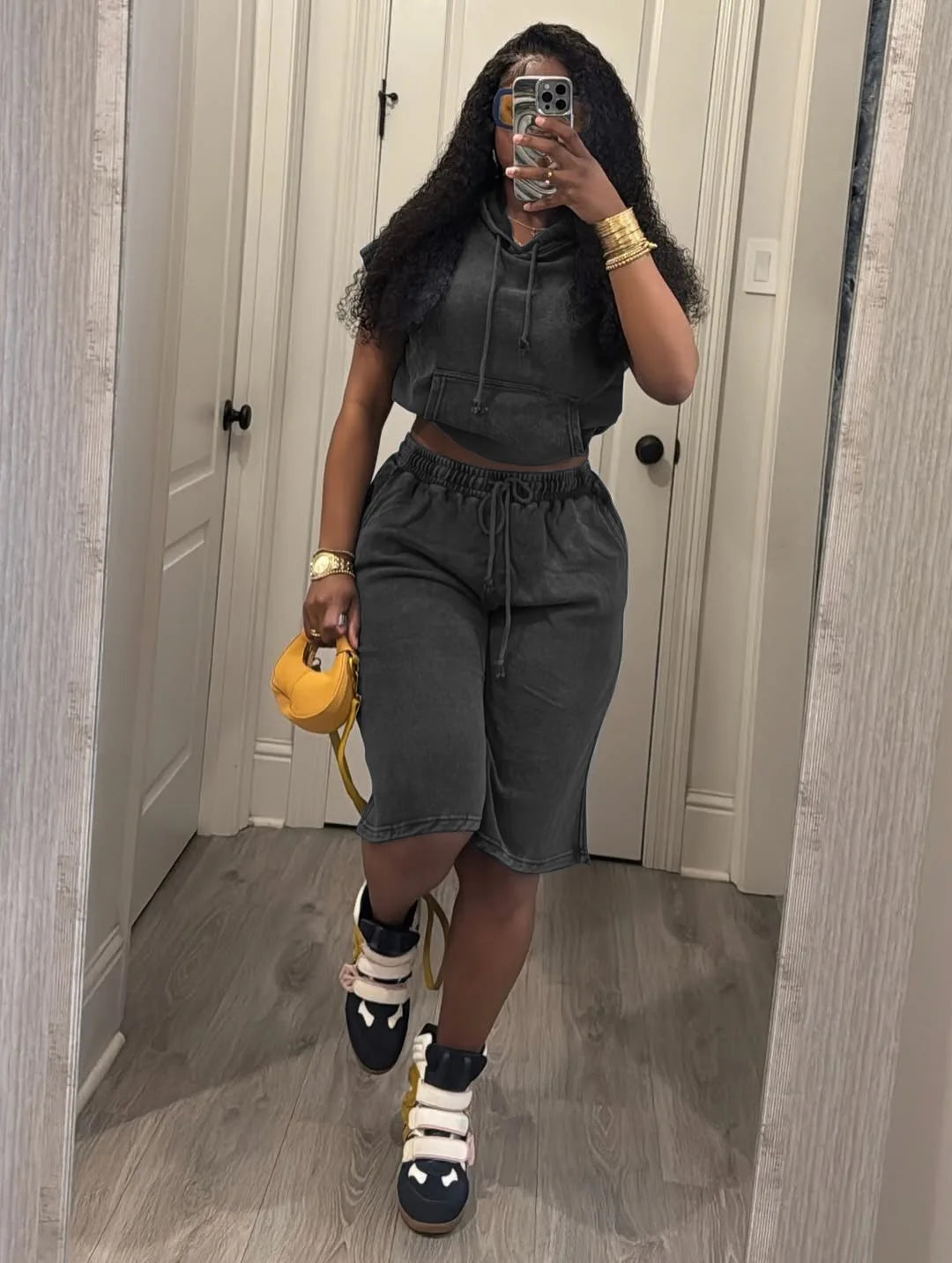 Washed Mock Denim Sleeveless Streetwear Women's Hoodie Top + Drawstring Shorts 2-Piece Set