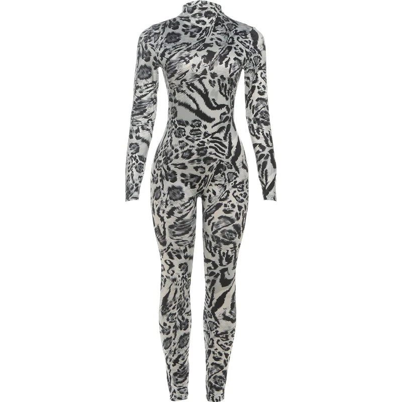 Black/Grey Leopard Print Turtleneck Long Sleeve Skin Tight Streetwear Jumpsuit
