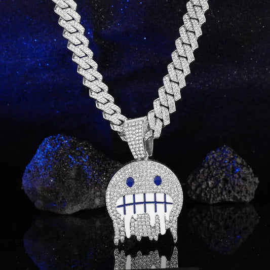 Smiley Face Pendant Cubic Zirconia Paved Hip-Hop Pendant Cuban Iced Out Bling CZ Chain