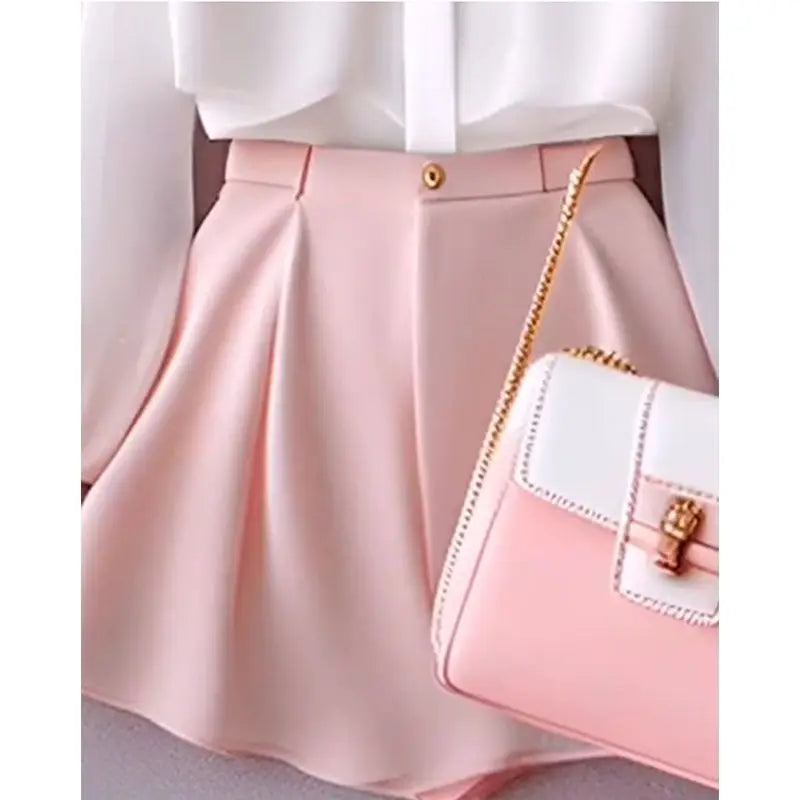 White Long Sleeve Blouse w/ Pink Bowtie & Solid Color Shorts 2-Piece Set